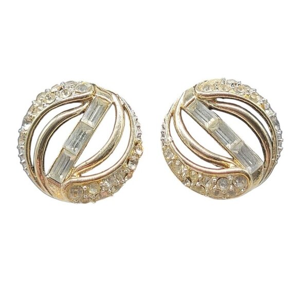 Kramer Vintage Clip One Earrings Diamante Gold Tone Round Studs High End Estate - Picture 7 of 11